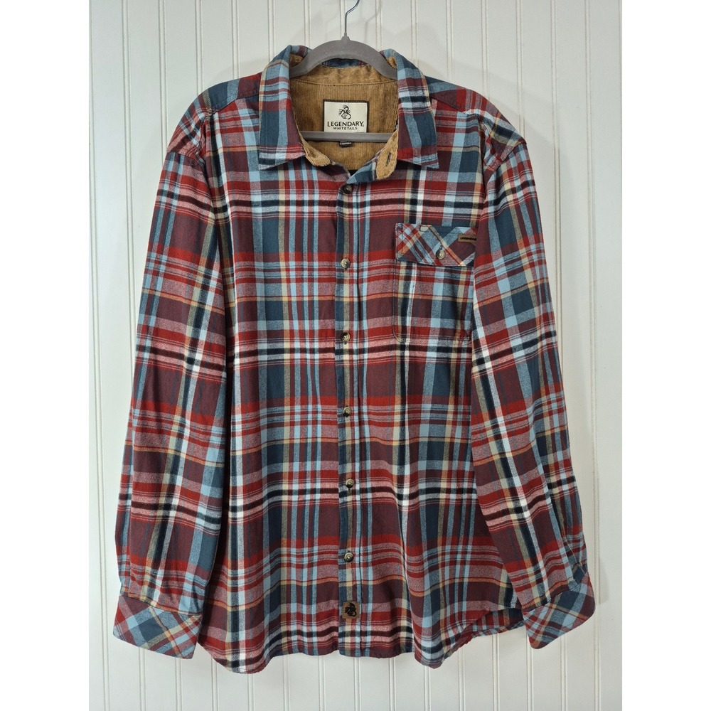 Legendary Whitetail Men XL Red Blue Plaid Flannel Shirt Corduroy Trim Workwear